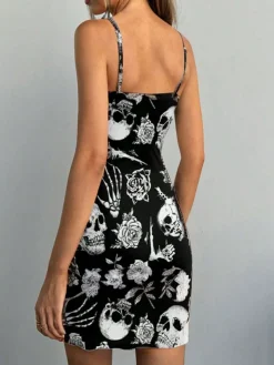 Hot Retro Stage 1960s Skull Rose Halloween Bodycon Dress Black