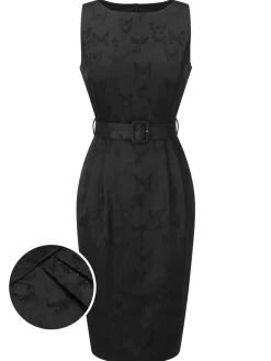Online Retro Stage 1960s Sleeveless Butterflies Belted Solid Dress Black