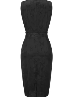 Online Retro Stage 1960s Sleeveless Butterflies Belted Solid Dress Black