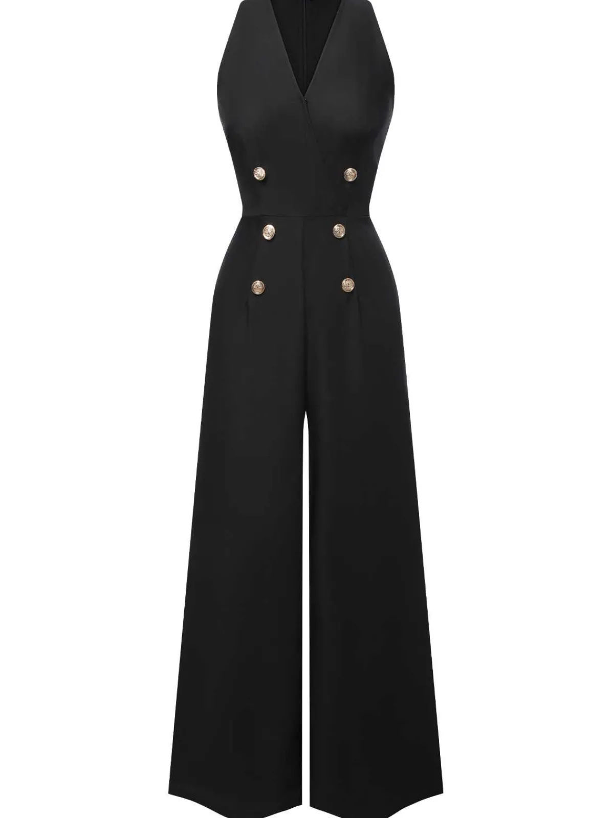Hot Retro Stage Black 1950s Sleeveless Buttoned Solid Jumpsuit