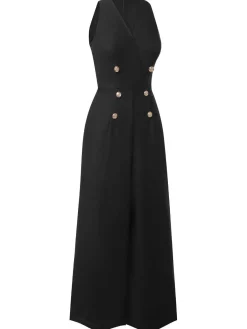Hot Retro Stage Black 1950s Sleeveless Buttoned Solid Jumpsuit
