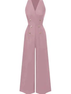 Hot Retro Stage Black 1950s Sleeveless Buttoned Solid Jumpsuit