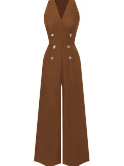 Hot Retro Stage Black 1950s Sleeveless Buttoned Solid Jumpsuit