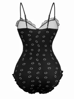 Outlet Retro Stage 1930s Smile Print Ruffles Spaghetti Straps One-Piece Swimsuit Black