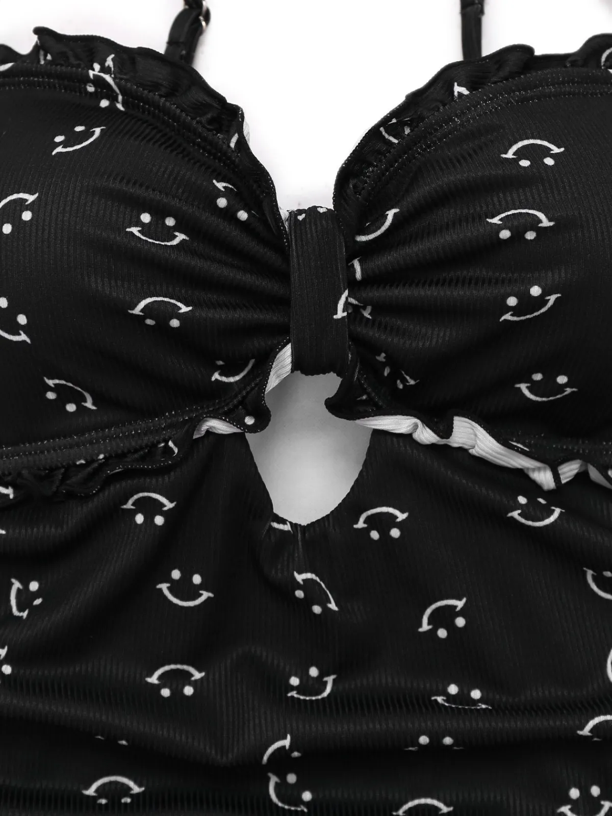 Outlet Retro Stage 1930s Smile Print Ruffles Spaghetti Straps One-Piece Swimsuit Black