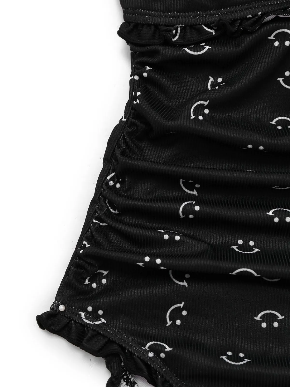Outlet Retro Stage 1930s Smile Print Ruffles Spaghetti Straps One-Piece Swimsuit Black