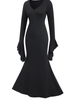 Clearance Retro Stage 1930s Sold Batwing Cuffs Fishtail Dress Black