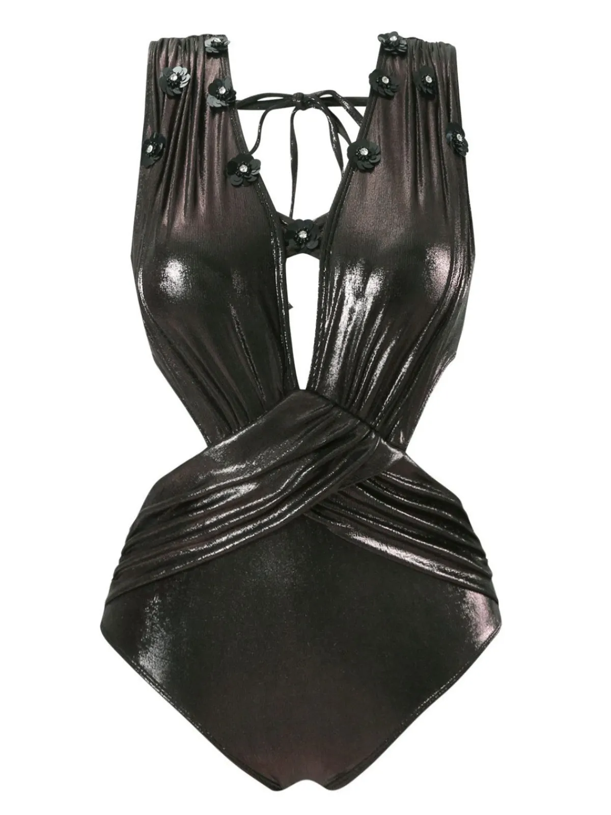 Discount Retro Stage 1970s Solid Appliques Strappy Glossy One-Piece Swimsuit Black