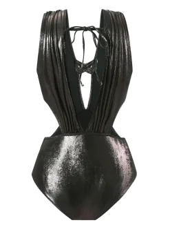 Discount Retro Stage 1970s Solid Appliques Strappy Glossy One-Piece Swimsuit Black