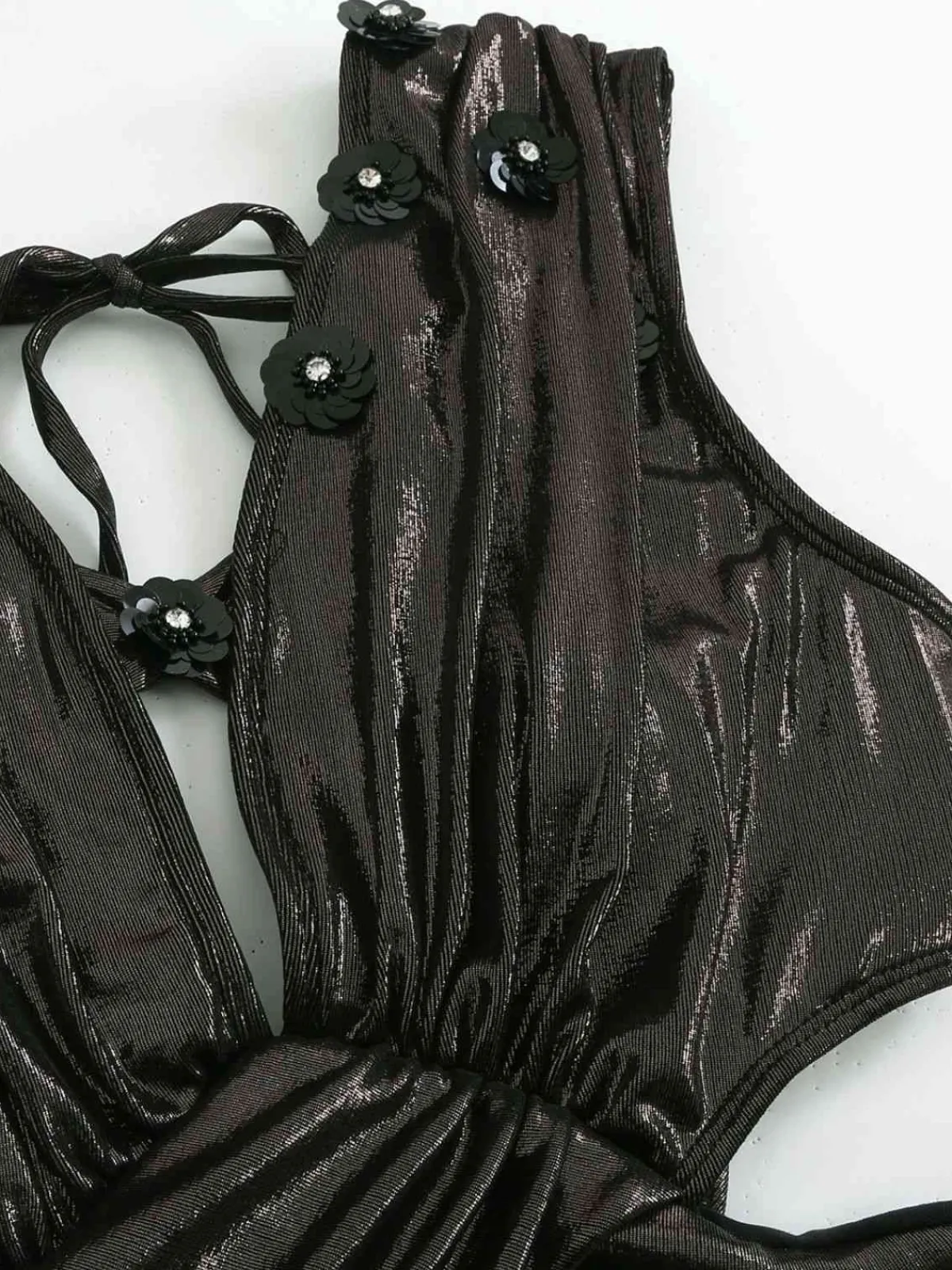 Discount Retro Stage 1970s Solid Appliques Strappy Glossy One-Piece Swimsuit Black