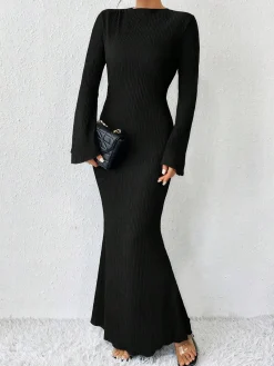 Sale Retro Stage 1930s Solid Bell Sleeves Mermaid Dress Black
