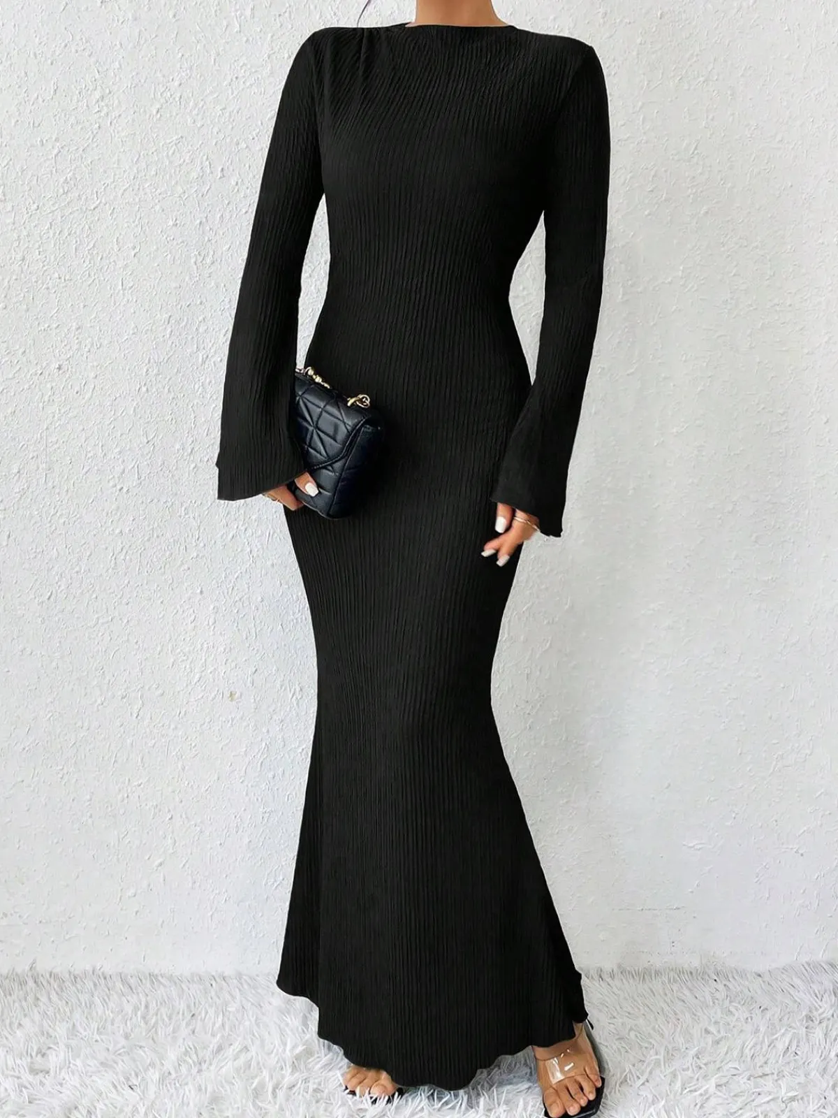 Sale Retro Stage 1930s Solid Bell Sleeves Mermaid Dress Black