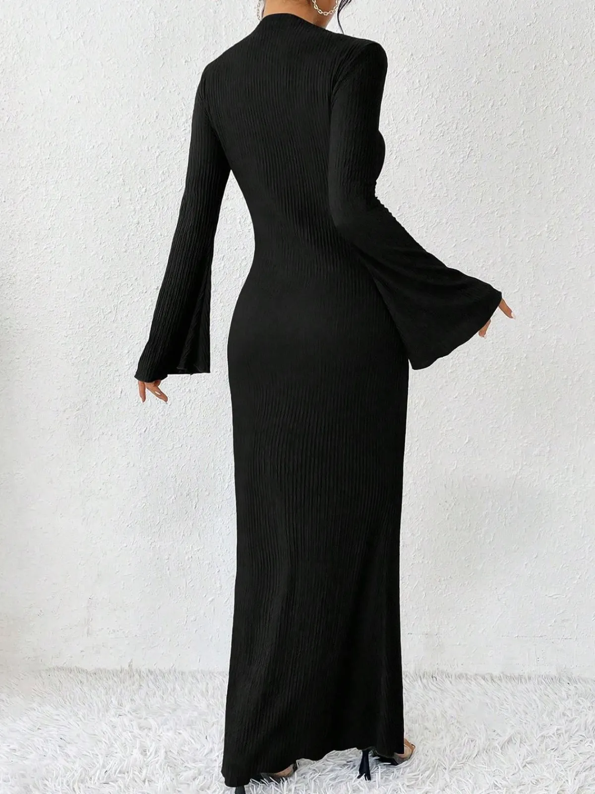 Sale Retro Stage 1930s Solid Bell Sleeves Mermaid Dress Black