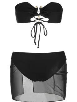 Clearance Retro Stage 1950s Solid Bikini Set With Skirt Black