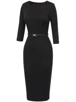 Discount Retro Stage 1960s Solid Boat Neck Wrap Dress Black
