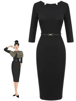 Hot Retro Stage 1960s Solid Boat Neck Wrap Dress Black