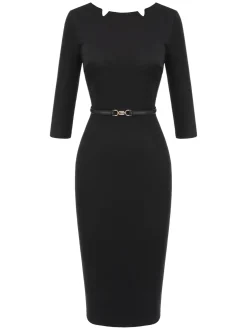 Hot Retro Stage 1960s Solid Boat Neck Wrap Dress Black