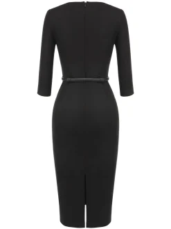 Hot Retro Stage 1960s Solid Boat Neck Wrap Dress Black