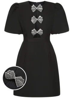Best Retro Stage 1960s Solid Bow Hollow Puff Dress Black