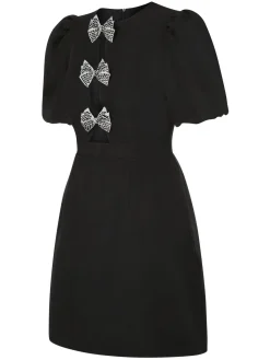Best Retro Stage 1960s Solid Bow Hollow Puff Dress Black