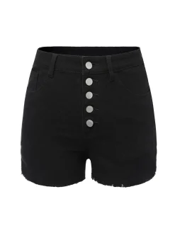 Outlet Retro Stage 1960s Solid Button Denim Shorts Black