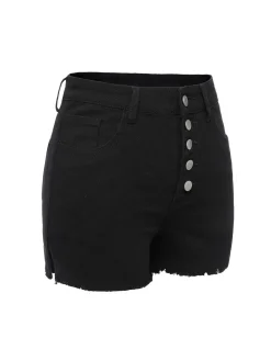 Outlet Retro Stage 1960s Solid Button Denim Shorts Black