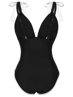 Hot Retro Stage 1950s Solid Button Shoulder Lace-Up Swimsuit Black