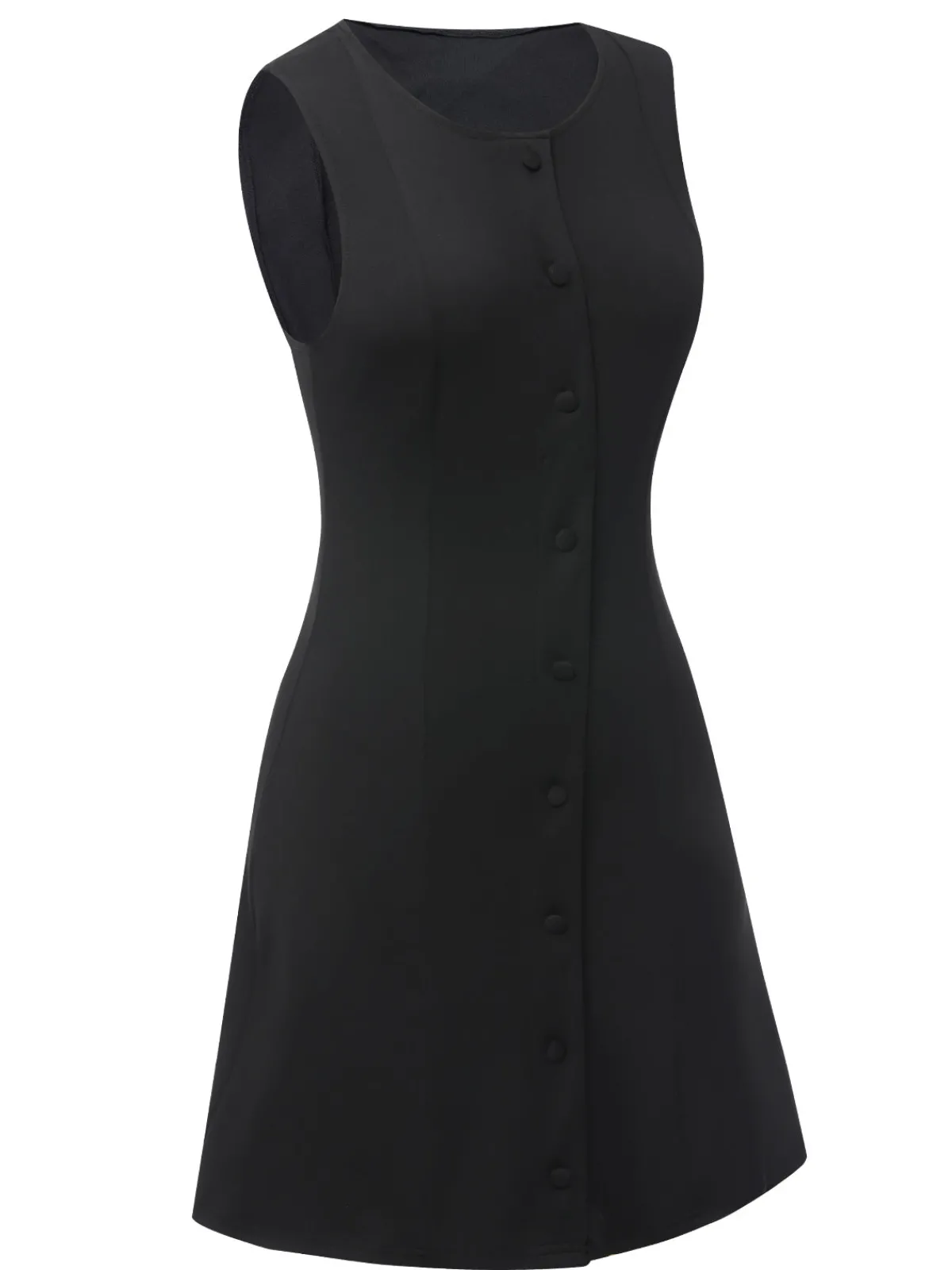 Online Retro Stage 1960s Solid Button Sleeveless Dress Black