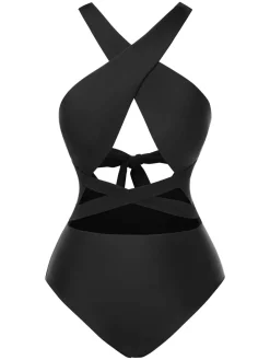 Fashion Retro Stage 1960s Solid Cross Halter Hollow Tie Back Swimsuit Black