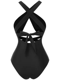 Fashion Retro Stage 1960s Solid Cross Halter Hollow Tie Back Swimsuit Black