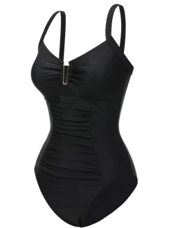 Clearance Retro Stage 1970s Solid Cutout One-Piece Swimsuit Black