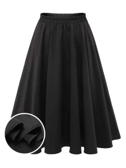Sale Retro Stage 1950s Solid Elastic Waist Pleated Skirt Black