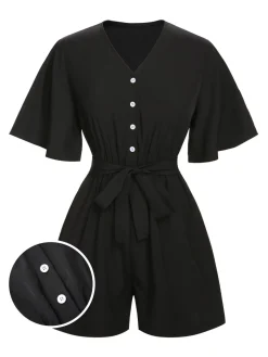 Sale Retro Stage 1960s Solid Flare Sleeve V-Neck Romper Black