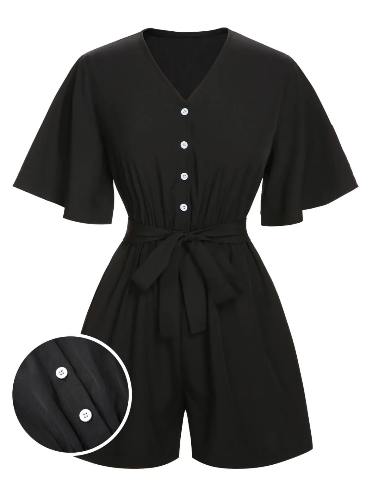 Sale Retro Stage 1960s Solid Flare Sleeve V-Neck Romper Black