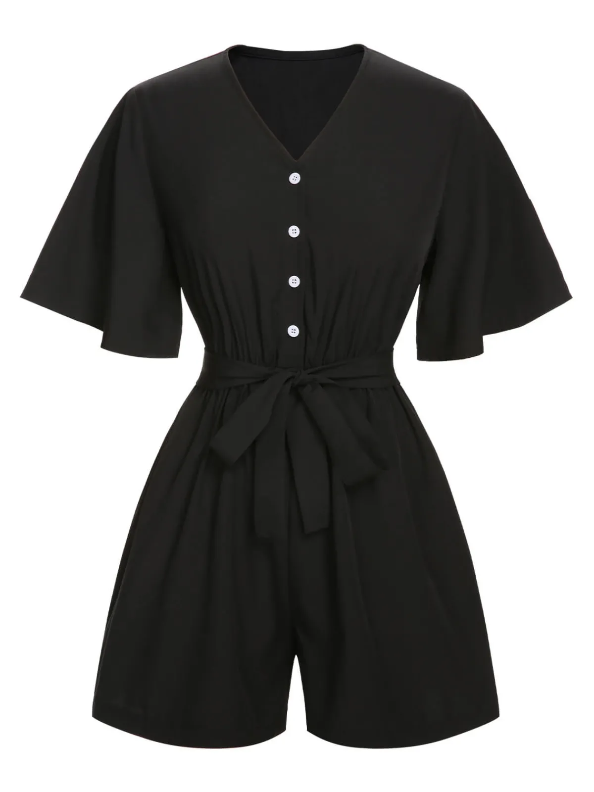 Sale Retro Stage 1960s Solid Flare Sleeve V-Neck Romper Black