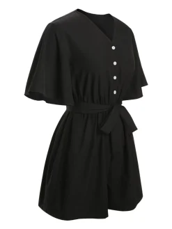 Sale Retro Stage 1960s Solid Flare Sleeve V-Neck Romper Black
