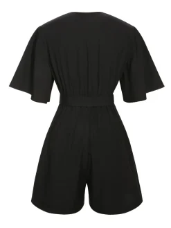 Sale Retro Stage 1960s Solid Flare Sleeve V-Neck Romper Black