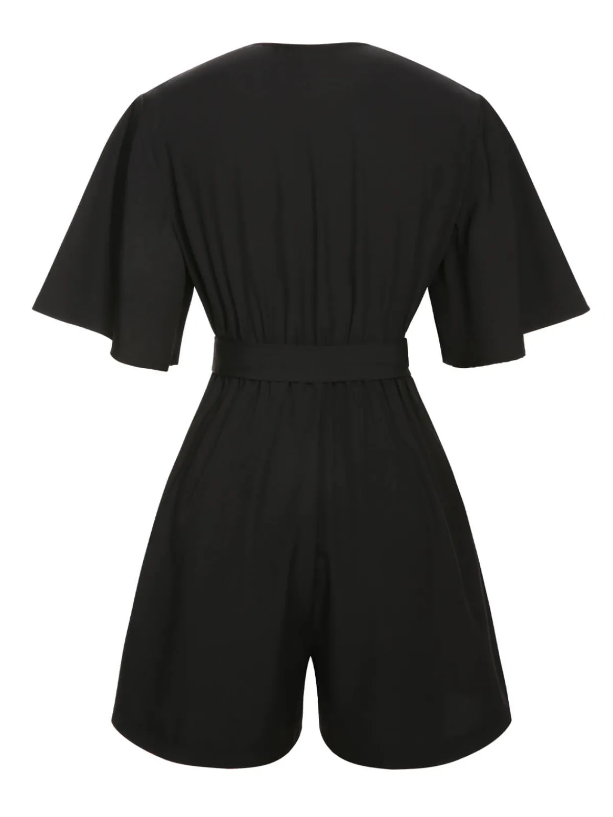 Sale Retro Stage 1960s Solid Flare Sleeve V-Neck Romper Black
