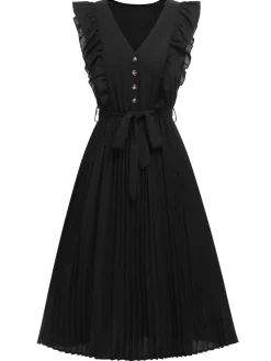 New Retro Stage 1940s Solid Flying Sleeve Pleated Dress Black