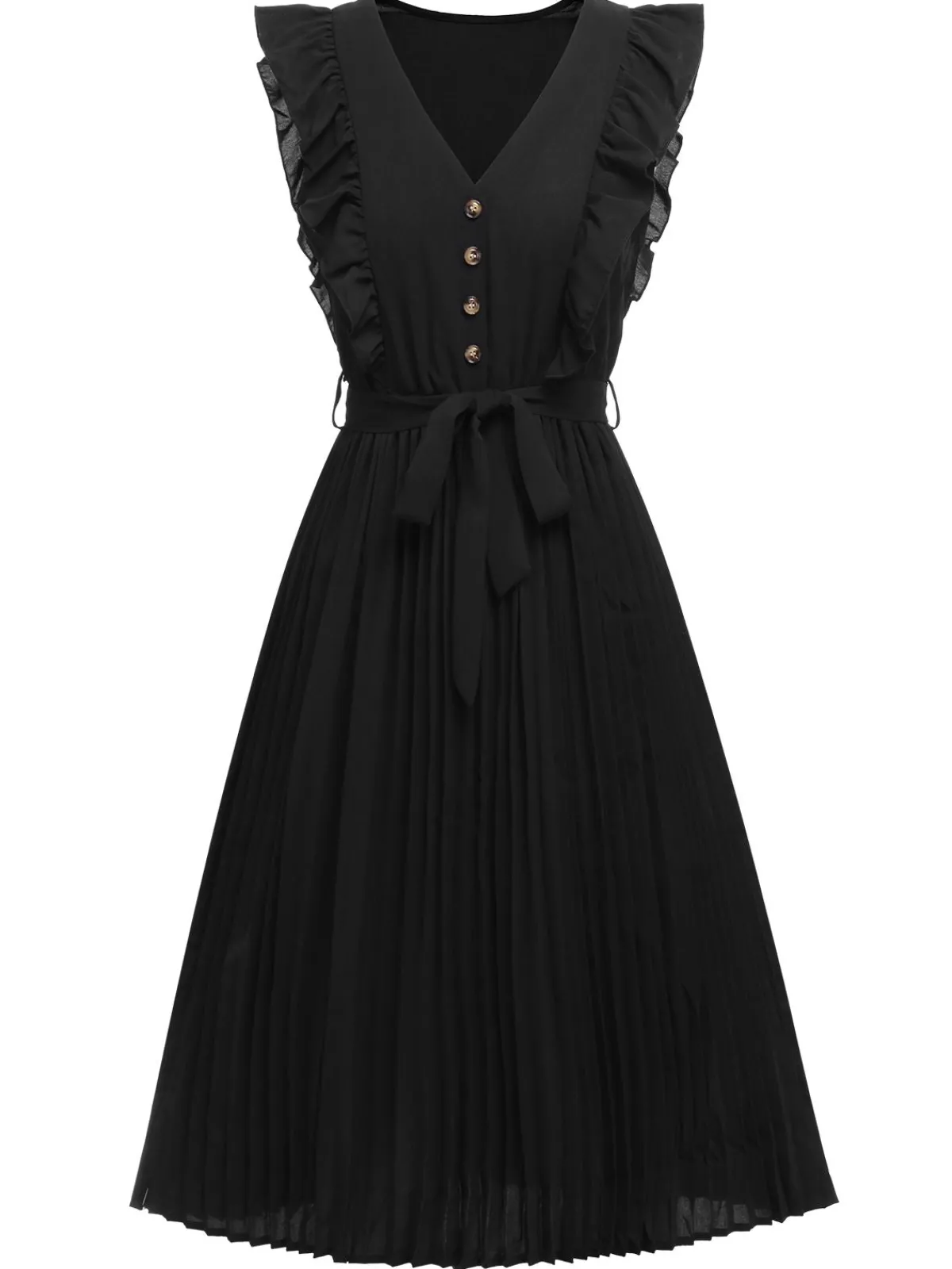 New Retro Stage 1940s Solid Flying Sleeve Pleated Dress Black