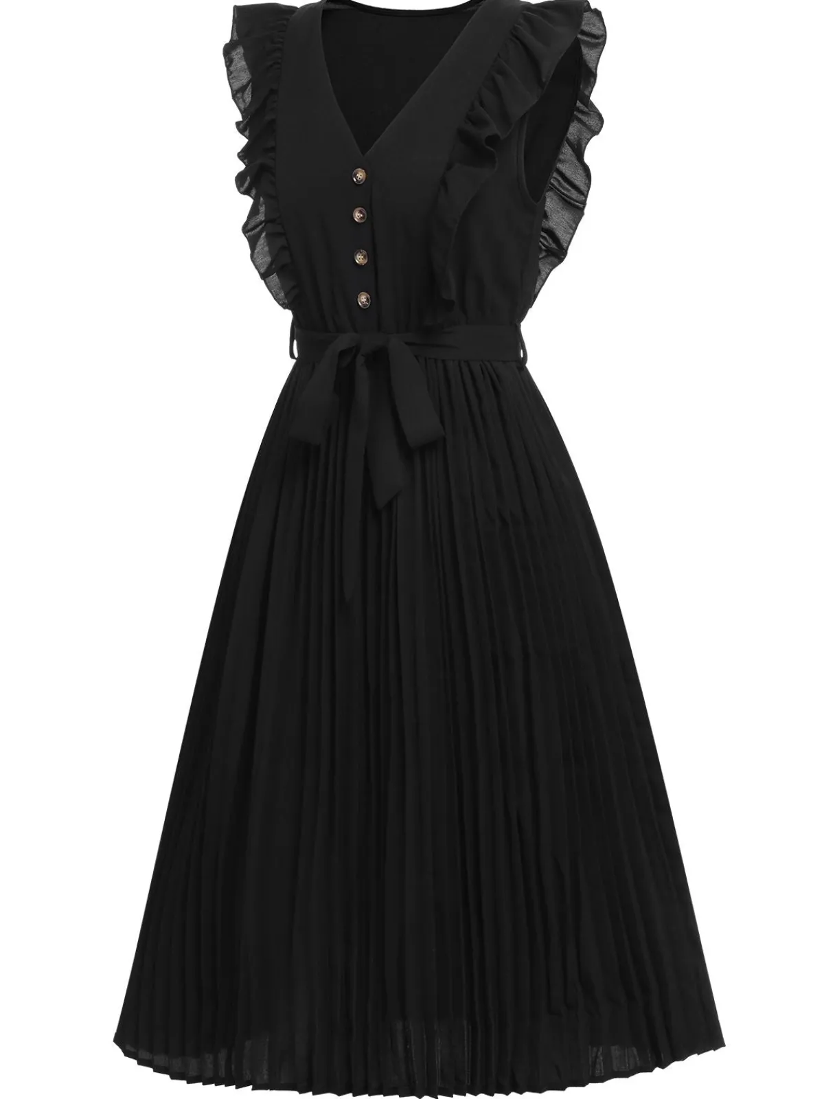 New Retro Stage 1940s Solid Flying Sleeve Pleated Dress Black