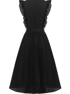 New Retro Stage 1940s Solid Flying Sleeve Pleated Dress Black
