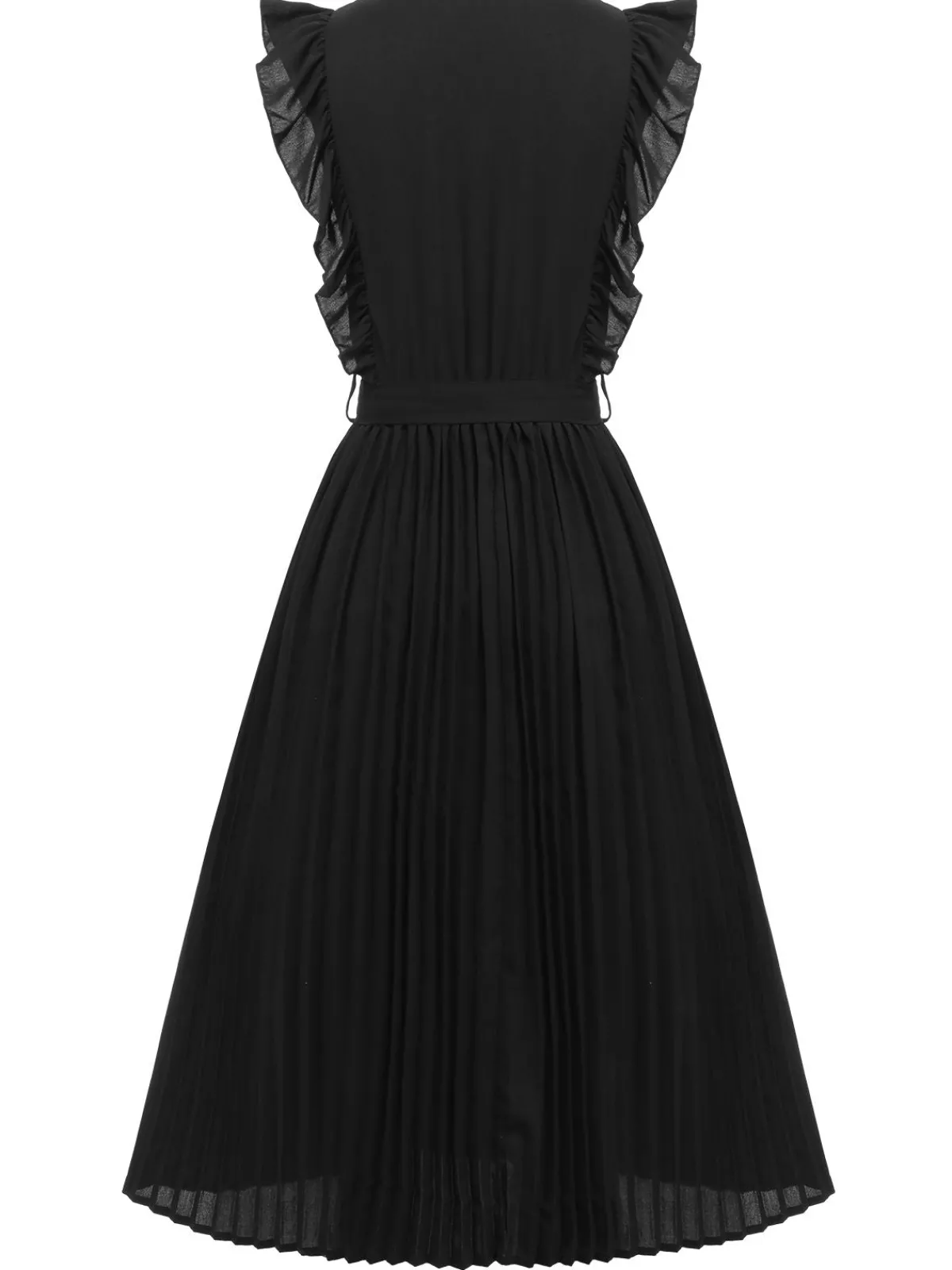 New Retro Stage 1940s Solid Flying Sleeve Pleated Dress Black
