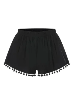 Fashion Retro Stage 1970s Solid Fur Ball Tassel Shorts Black