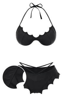 Best Retro Stage 1980s Solid Gothic Bat Wings Bikini Set Black