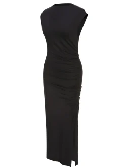 Discount Retro Stage 1960s Solid High Slit Dress Black