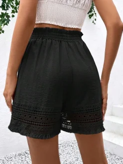 Hot Retro Stage 1960s Solid Hollow Tassels Shorts Black