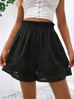 Hot Retro Stage 1960s Solid Hollow Tassels Shorts Black
