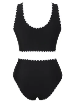 Discount Retro Stage 1950s Solid Jagged Edge Swimsuit Black