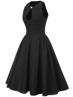 Online Retro Stage 1950s Solid Keyhole Sleeveless Dress Black